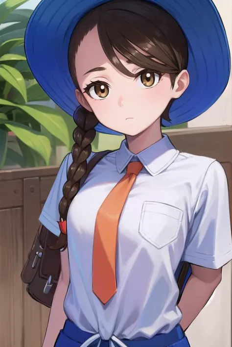 pokemonjuliana, <lora:pokemonjuliana-lora-nochekaiser:1>,
pokemonjuliana, braid, (brown eyes:1.5), brown hair, hair ornament, hairclip, side braid, single braid, swept bangs,
BREAK backpack, bag, black footwear, blue headwear, blue shirt, breast pocket, collared shirt, hat, kneehighs, naranja academy school uniform, necktie, orange necktie, orange shorts, pocket, school uniform, shirt, shoes, short sleeves, shorts, socks, striped, striped shorts, sun hat, white socks
BREAK looking at viewer, full body, (cowboy shot:1.5),
BREAK outdoors,,
BREAK <lyco:GoodHands-beta2:1>, (masterpiece:1.2), best quality, high resolution, unity 8k wallpaper, (illustration:0.8), (beautiful detailed eyes:1.6), extremely detailed face, perfect lighting, extremely detailed CG, (perfect hands, perfect anatomy),