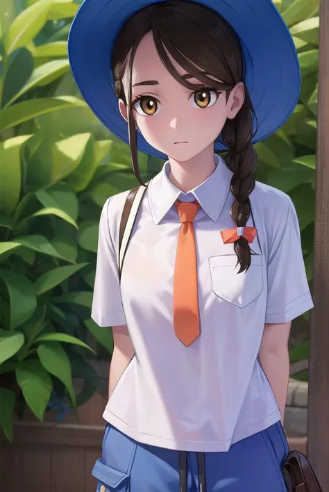 pokemonjuliana, <lora:pokemonjuliana-lora-nochekaiser:1>,
pokemonjuliana, braid, (brown eyes:1.5), brown hair, hair ornament, hairclip, side braid, single braid, swept bangs,
BREAK backpack, bag, black footwear, blue headwear, blue shirt, breast pocket, collared shirt, hat, kneehighs, naranja academy school uniform, necktie, orange necktie, orange shorts, pocket, school uniform, shirt, shoes, short sleeves, shorts, socks, striped, striped shorts, sun hat, white socks
BREAK looking at viewer, full body, (cowboy shot:1.5),
BREAK outdoors,,
BREAK <lyco:GoodHands-beta2:1>, (masterpiece:1.2), best quality, high resolution, unity 8k wallpaper, (illustration:0.8), (beautiful detailed eyes:1.6), extremely detailed face, perfect lighting, extremely detailed CG, (perfect hands, perfect anatomy),