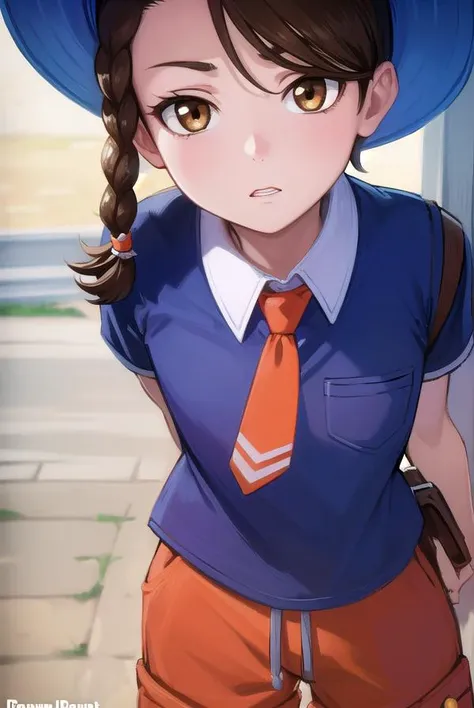 pokemonjuliana, <lora:pokemonjuliana-lora-nochekaiser:1>,
pokemonjuliana, braid, (brown eyes:1.5), brown hair, hair ornament, hairclip, side braid, single braid, swept bangs,
BREAK backpack, bag, black footwear, blue headwear, blue shirt, breast pocket, collared shirt, hat, kneehighs, naranja academy school uniform, necktie, orange necktie, orange shorts, pocket, school uniform, shirt, shoes, short sleeves, shorts, socks, striped, striped shorts, sun hat, white socks
BREAK looking at viewer, full body, (cowboy shot:1.5),
BREAK outdoors,,
BREAK <lyco:GoodHands-beta2:1>, (masterpiece:1.2), best quality, high resolution, unity 8k wallpaper, (illustration:0.8), (beautiful detailed eyes:1.6), extremely detailed face, perfect lighting, extremely detailed CG, (perfect hands, perfect anatomy),