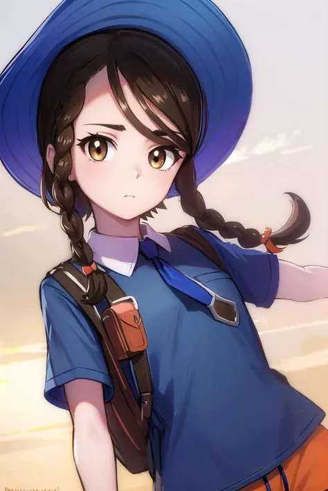 pokemonjuliana, <lora:pokemonjuliana-lora-nochekaiser:1>,
pokemonjuliana, braid, (brown eyes:1.5), brown hair, hair ornament, hairclip, side braid, single braid, swept bangs,
BREAK backpack, bag, black footwear, blue headwear, blue shirt, breast pocket, collared shirt, hat, kneehighs, naranja academy school uniform, necktie, orange necktie, orange shorts, pocket, school uniform, shirt, shoes, short sleeves, shorts, socks, striped, striped shorts, sun hat, white socks
BREAK looking at viewer, full body, (cowboy shot:1.5),
BREAK outdoors,,
BREAK <lyco:GoodHands-beta2:1>, (masterpiece:1.2), best quality, high resolution, unity 8k wallpaper, (illustration:0.8), (beautiful detailed eyes:1.6), extremely detailed face, perfect lighting, extremely detailed CG, (perfect hands, perfect anatomy),