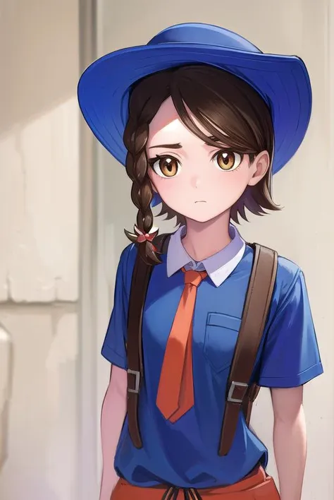 pokemonjuliana, <lora:pokemonjuliana-lora-nochekaiser:1>,
pokemonjuliana, braid, (brown eyes:1.5), brown hair, hair ornament, hairclip, side braid, single braid, swept bangs,
BREAK backpack, bag, black footwear, blue headwear, blue shirt, breast pocket, collared shirt, hat, kneehighs, naranja academy school uniform, necktie, orange necktie, orange shorts, pocket, school uniform, shirt, shoes, short sleeves, shorts, socks, striped, striped shorts, sun hat, white socks
BREAK looking at viewer, full body, (cowboy shot:1.5),
BREAK outdoors,,
BREAK <lyco:GoodHands-beta2:1>, (masterpiece:1.2), best quality, high resolution, unity 8k wallpaper, (illustration:0.8), (beautiful detailed eyes:1.6), extremely detailed face, perfect lighting, extremely detailed CG, (perfect hands, perfect anatomy),