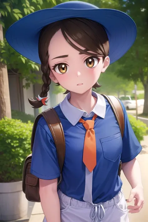 pokemonjuliana, <lora:pokemonjuliana-lora-nochekaiser:1>,
pokemonjuliana, braid, (brown eyes:1.5), brown hair, hair ornament, hairclip, side braid, single braid, swept bangs,
BREAK backpack, bag, black footwear, blue headwear, blue shirt, breast pocket, collared shirt, hat, kneehighs, naranja academy school uniform, necktie, orange necktie, orange shorts, pocket, school uniform, shirt, shoes, short sleeves, shorts, socks, striped, striped shorts, sun hat, white socks
BREAK looking at viewer, full body, (cowboy shot:1.5),
BREAK outdoors,,
BREAK <lyco:GoodHands-beta2:1>, (masterpiece:1.2), best quality, high resolution, unity 8k wallpaper, (illustration:0.8), (beautiful detailed eyes:1.6), extremely detailed face, perfect lighting, extremely detailed CG, (perfect hands, perfect anatomy),