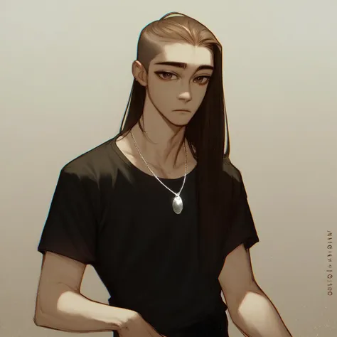 (((beautiful, high quality))), score_9, score_8_up, score_7_up, 1boy, brown long hair, shaved temples, brown eyes, Black T-shirt, silver pendant, room background,, detailed background