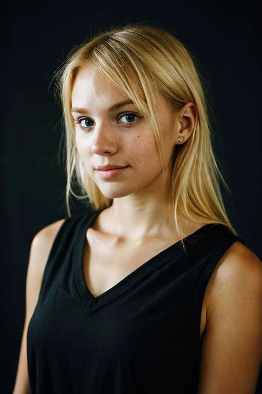 half body photo of a super cute blond woman in a dark theme