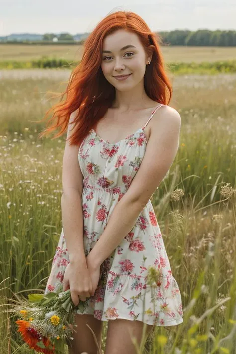 half body of a cute 1girl with bright red hair, wearing a sundress and holding a bouquet of wildflowers, standing in a field of tall grass with a soft breeze blowing through. The scene should capture the whimsical and carefree style of Sakimichan, with a sense of peace and tranquility in the air