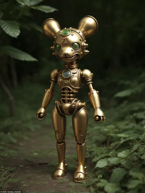 a small adorable mechanical steampunk four-legged creature made of an intricate mix of shiny brass, dull copper and glimmering silver, walking in a lush green forest. [:intricate details:0.3] it has yellow opal eyes. 54