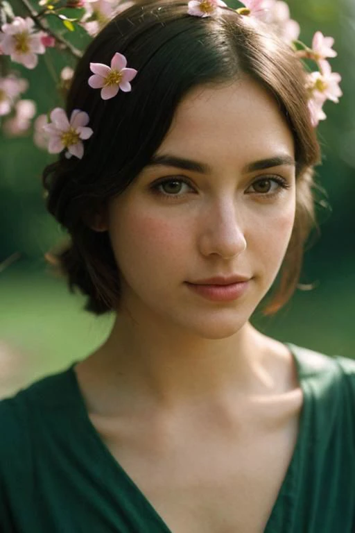 photo of a woman, healthy skin, close portrait photo, RAW, nature, Spectacular light, intricate, (Colorful flowering), soft lighting, low res, (film grain:1.2), (noise:1.2), Olympus OM1 sharp focus, f 3.4, ((detailed eyes)), upper body, dark hair