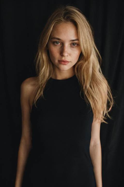 half body photo of a super cute blond woman in a dark theme