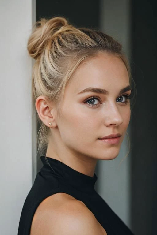 an eye contact of a blond with bun hair and dark theme