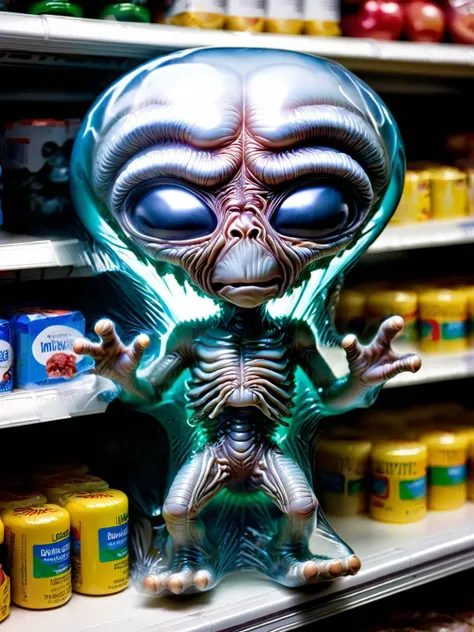 A ral-shrnkwrp alien, on the shelf at the supermarket, looking very unhappy <lora:ral-shrnkwrp-sdxl:1>, <lora:EnvyBetterHiresFixXL01:0:hr=1>