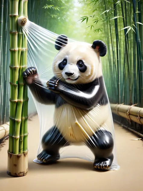 A curious panda playfully batting at a ral-shrnkwrp bamboo shoot, surprised by its plastic barrier <lora:ral-shrnkwrp-sdxl:1>, <lora:EnvyBetterHiresFixXL01:0:hr=1>