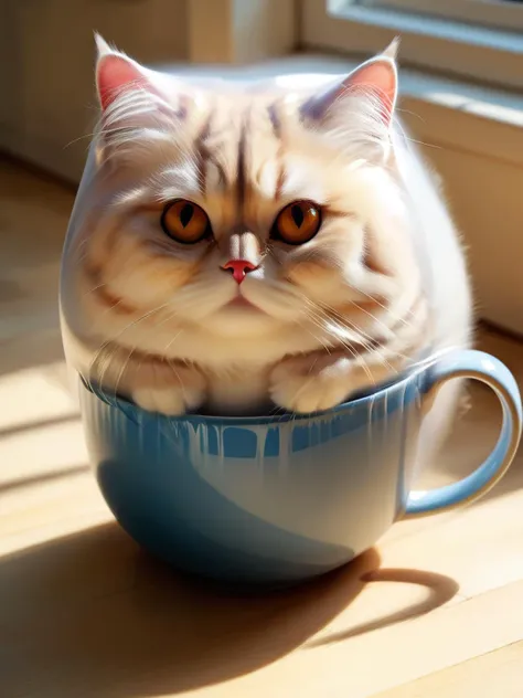 A fluffy cat napping peacefully inside a ral-shrnkwrp teacup, sunlight warming its fur <lora:ral-shrnkwrp-sdxl:1>, <lora:EnvyBetterHiresFixXL01:0:hr=1>