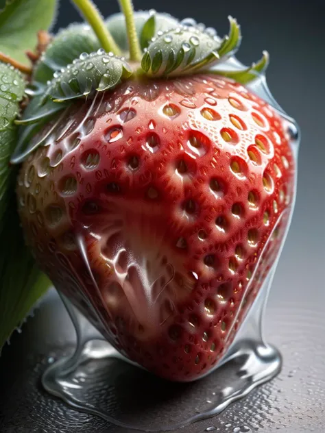 A perfectly ripe strawberry, its juicy flesh peeking through a ral-shrnkwrp corner, glistening with morning dew <lora:ral-shrnkwrp-sdxl:1>, <lora:EnvyBetterHiresFixXL01:0:hr=1>