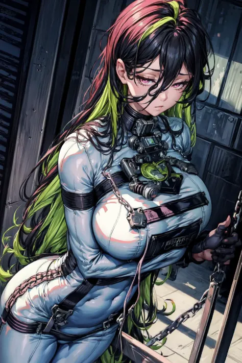 thick outlines, comics, photorealistic, perfect hands, masterpiece:1.2, jail, detention center, 1girl, solo, standing, <lora:guilty-nikke-richy-v5:1>, guilty \(nikke\), white bodysuit, chains, handcuffs, open gloves, collar, two-tone hair, green hair, pink eyes, big reast, detailed background, detailed face, detailed eyes, <lora:add_detail:0.7>