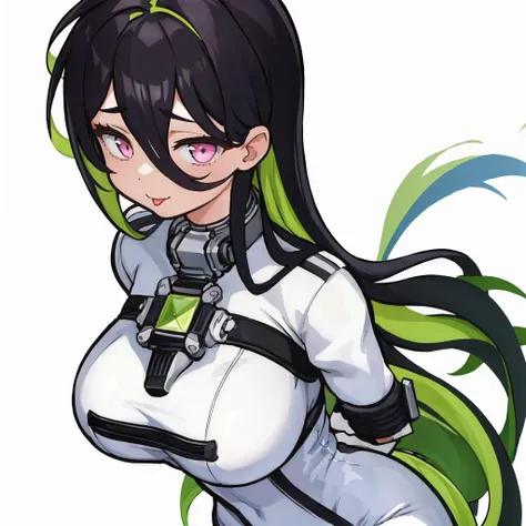 masterpiece, best quality, 1girl, solo, standing, cute, chibi, <lora:DarkCabalChibiStyle:1> white background, simple background, <lora:guilty-nikke-richy-v5:1> guilty \(nikke\), white bodysuit, collar, two-tone hair, green hair, pink eyes, (huge breasts:0.7), arms behind back, leaning forward, ;P, :p