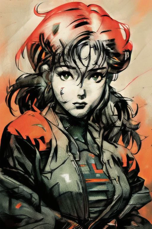 perfectly rendered cyberpunk female. (artwork close-up:1.1), (lineart:1.23), ((monochrome)) with a splattered orange background