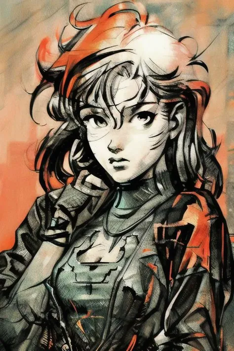 perfectly rendered cyberpunk female. (artwork close-up:1.1), (lineart:1.23), ((monochrome)) with a splattered orange background