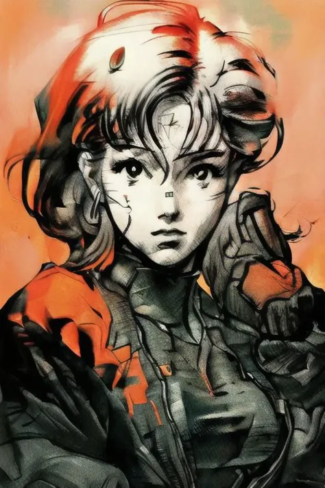 perfectly rendered cyberpunk female. (artwork close-up:1.1), (lineart:1.23), ((monochrome)) with a splattered orange background
