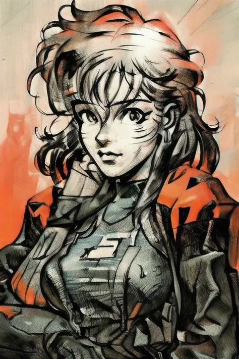 perfectly rendered cyberpunk female. (artwork close-up:1.1), (lineart:1.23), ((monochrome)) with a splattered orange background