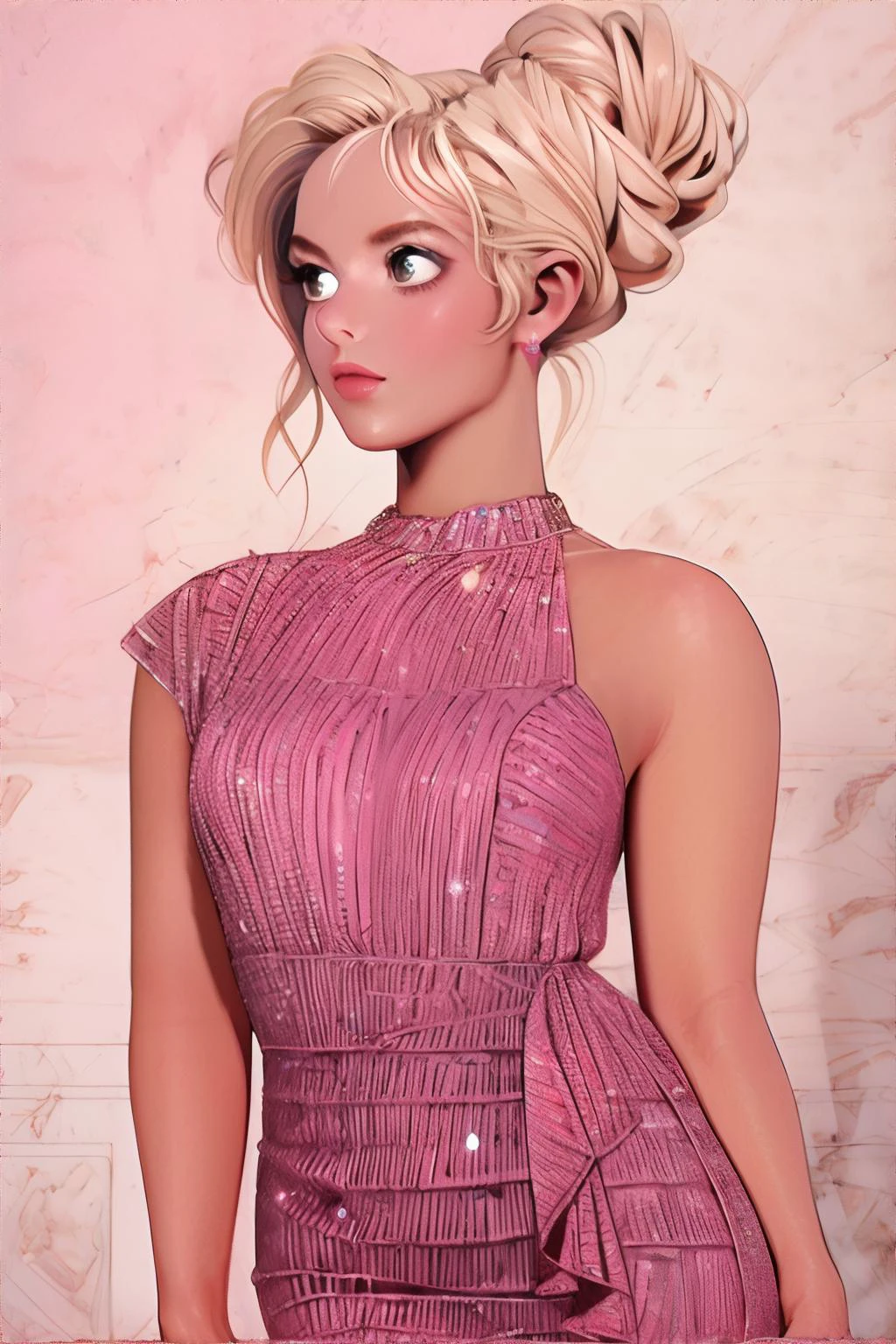 <lora:pinkshinydress-hades:1.00>, woman wearing pink dress, blonde hair in bun, elegant, curvy || illustration, sparkly dress, masterpiece, 8k, high resolution, shallow depth of field, sharp focus