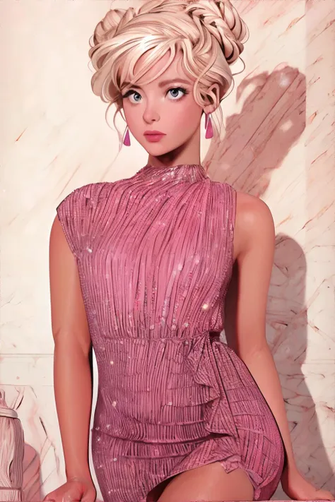 <lora:pinkshinydress-hades:1.00>, woman wearing pink dress, blonde hair in bun, elegant, curvy || illustration, sparkly dress, masterpiece, 8k, high resolution, shallow depth of field, sharp focus