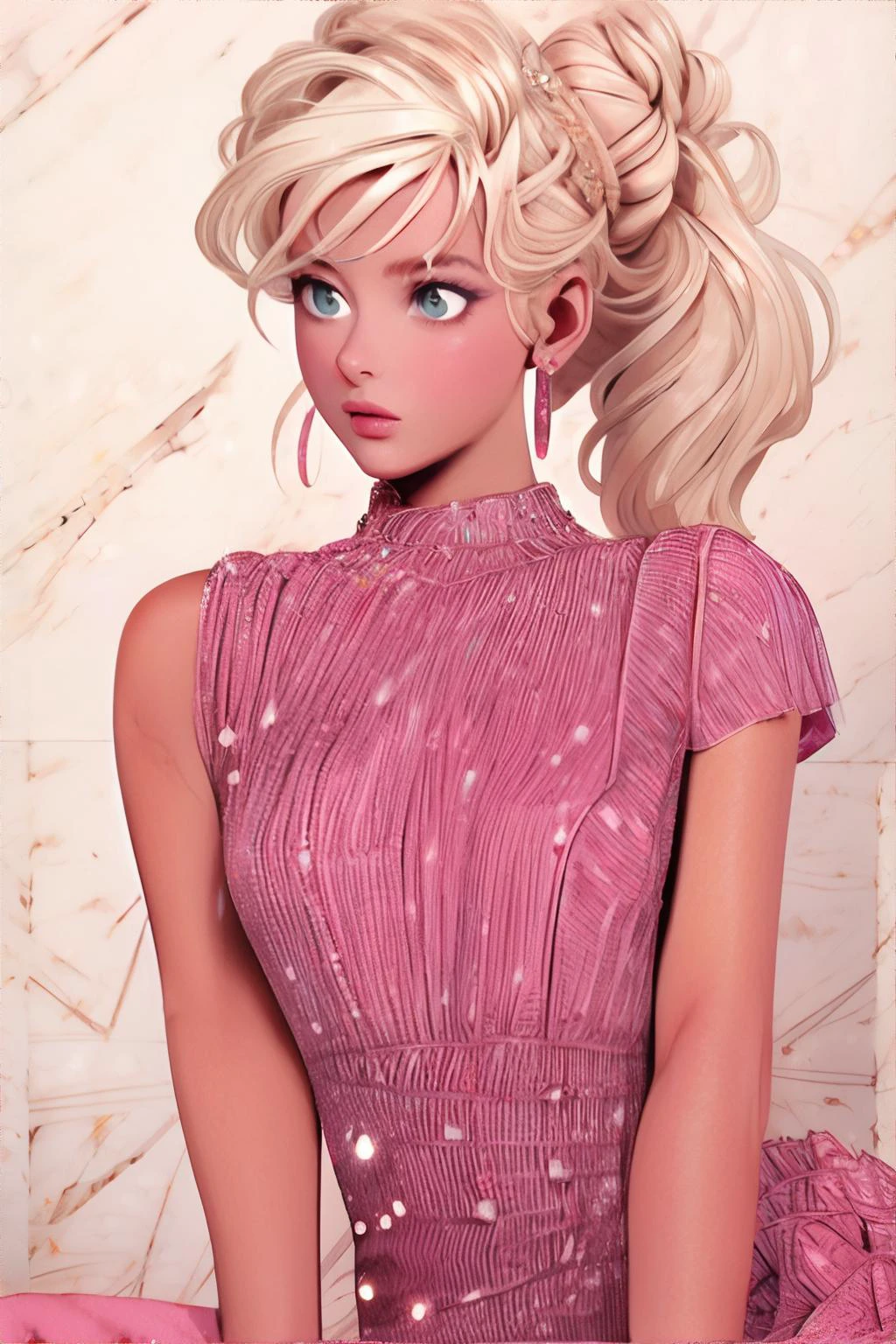 <lora:pinkshinydress-hades:1.00>, woman wearing pink dress, blonde hair in bun, elegant, curvy || illustration, sparkly dress, masterpiece, 8k, high resolution, shallow depth of field, sharp focus