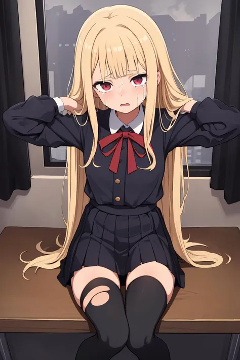 (masterpiece, best quality), 1girl, solo,sitting on a desk, beautiful face, blonde hair, torn clothes, torn legwear, dark school uniform, black thighhighs, moldy room, scared,crying, terrified face, itricate details, tied arms behind head, dark atmosphere, danger,