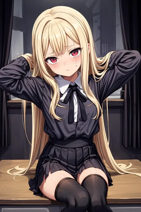 (masterpiece, best quality), 1girl, solo,sitting on a desk, beautiful face, blonde hair, torn clothes, torn legwear, dark school uniform, black thighhighs, moldy room, scared,crying, terrified face, itricate details, tied arms behind head, dark atmosphere, danger, <lora:add_detail:1>