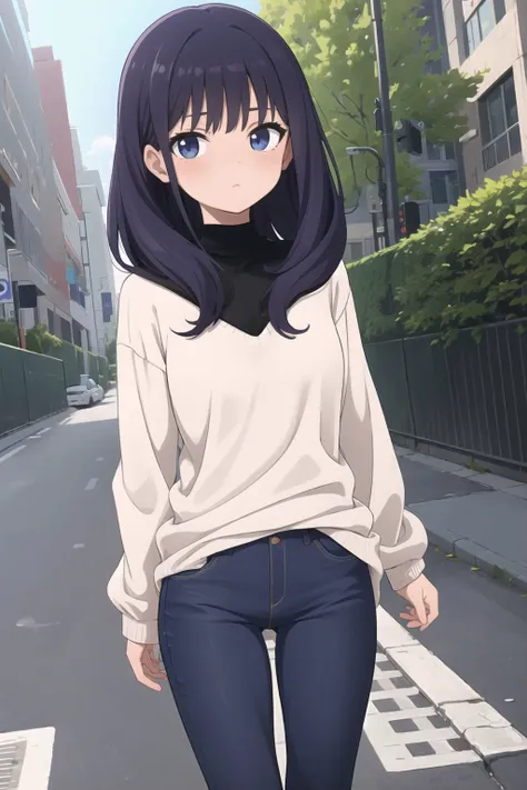 masterpiece, best quality, 1girl, looking at viewer, waist jeans, groin, sidewalk, sweater, long sleeves,