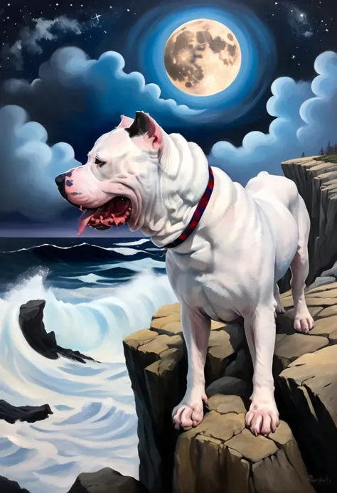 beautiful swirling clouds, crashing ocean waves all around, dark winters night, sky full of stars, a White Pitbull Dog stands alone atop a rocky cliff with its head tilted back howling at a half moon, magic in the air, award winning <lora:White Pitbull Dog XL_epoch_10:1>, Magic realism painting art style, surreal compositions, vibrant colors, blurs the line between reality and fantasy