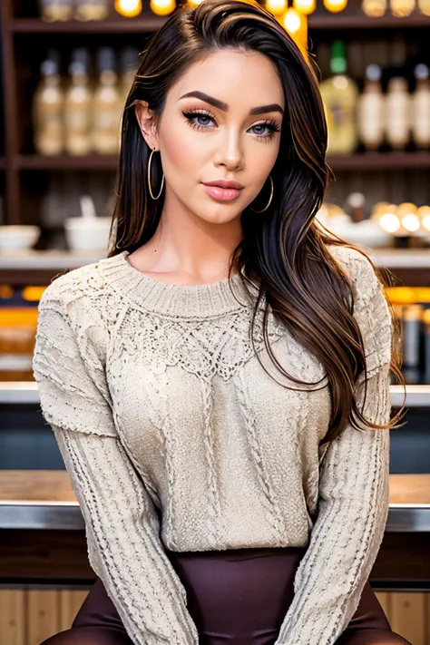S418_JessicaWilde, long hair, smiling, modern photo, (wearing edgPO pullover, edgPO), <lora:edgPullovers:1>, (wearing leggings), sitting in the coffee shop, calm atmosphere, (35mm, F/2.8) Photo Focus, DOF, Aperture, insanely detailed and intricate, character, hypermaximalist, beautiful, revealing, appealing, attractive, amative, hyper realistic, super detailed, beautiful woman, ((detailed eyes)), long eyelashes, (glossy lips), sfw