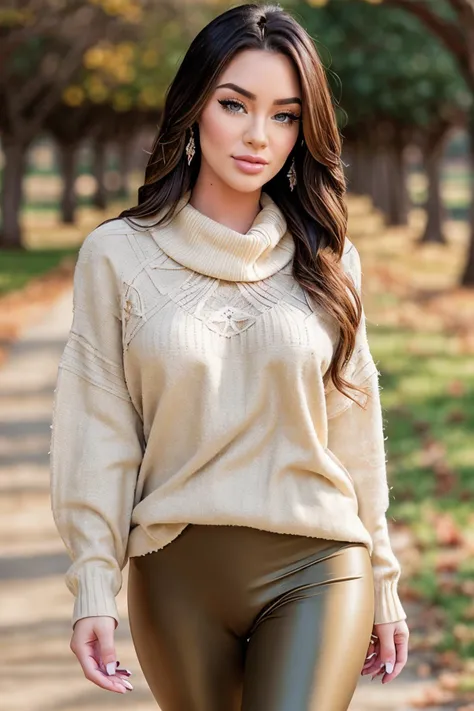 S418_JessicaWilde, long hair, smiling, modern photo, (wearing edgPO pullover, edgPO), <lora:edgPullovers:1>, (wearing leggings), walking in the park, calm atmosphere, (35mm, F/2.8) Photo Focus, DOF, Aperture, insanely detailed and intricate, character, hypermaximalist, beautiful, revealing, appealing, attractive, amative, hyper realistic, super detailed, beautiful woman, ((detailed eyes)), long eyelashes, (glossy lips), sfw