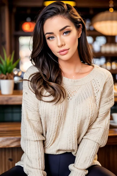 S418_JessicaWilde, long hair, smiling, modern photo, (wearing edgPO pullover, edgPO), <lora:edgPullovers:1>, (wearing leggings), sitting in the coffee shop, calm atmosphere, (35mm, F/2.8) Photo Focus, DOF, Aperture, insanely detailed and intricate, character, hypermaximalist, beautiful, revealing, appealing, attractive, amative, hyper realistic, super detailed, beautiful woman, ((detailed eyes)), long eyelashes, (glossy lips), sfw