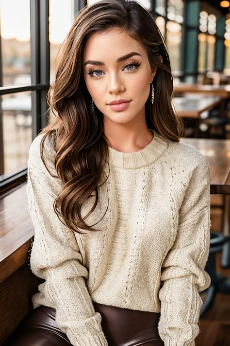 S418_JessicaWilde, long hair, smiling, modern photo, (wearing edgPO pullover, edgPO), <lora:edgPullovers:1>, (wearing leggings), sitting in the coffee shop, calm atmosphere, (35mm, F/2.8) Photo Focus, DOF, Aperture, insanely detailed and intricate, character, hypermaximalist, beautiful, revealing, appealing, attractive, amative, hyper realistic, super detailed, beautiful woman, ((detailed eyes)), long eyelashes, (glossy lips), sfw