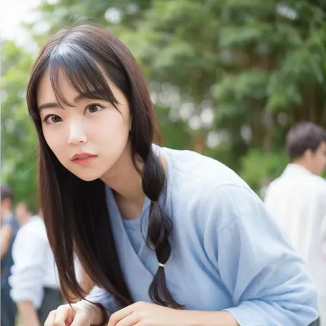 8k, best quality, 1girl, (skindentation), huge breast, morning, (bright), blur background, outdoor, (street:0.6), (people), crowds, braided bangs, blouse, gorgeous, floating hair, (dynamic pose:0.6), soft lighting, charming, wind, garden, sunlight, white light, (closed mouth, beautiful eyes, beautiful face), <lora:sayhello0o-v0.5-nmb48miru:1>