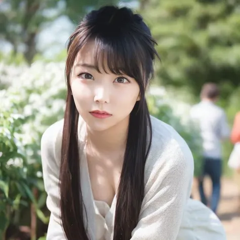 8k, best quality, 1girl, (skindentation), huge breast, morning, (bright), blur background, outdoor, (street:0.6), (people), crowds, braided bangs, blouse, gorgeous, floating hair, (dynamic pose:0.6), soft lighting, charming, wind, garden, sunlight, white light, (closed mouth, beautiful eyes, beautiful face), <lora:sayhello0o-v0.5-nmb48miru:1>
