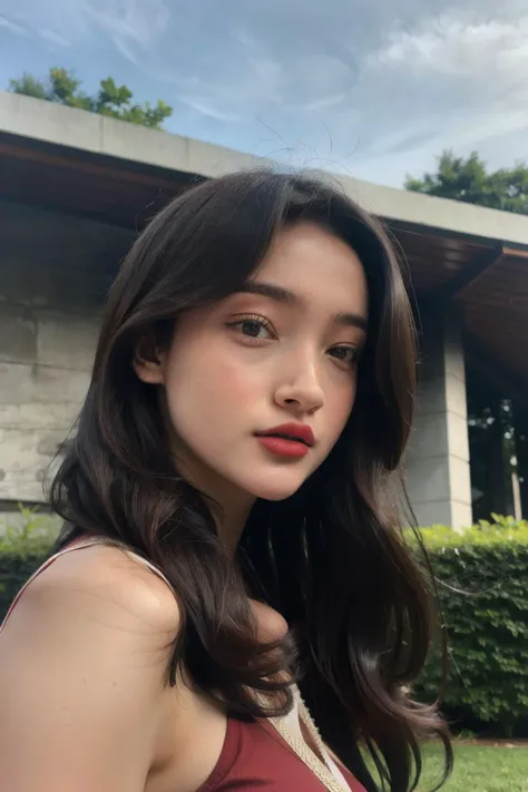 Ultra HD, anime style, black hair, red lips, change background to seaside, cool tones, strong sunshine, goddess