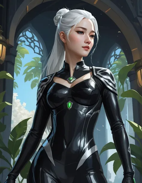 upper body, 1girl, movie still, cinematic shot, highly detailed illustration, Goddess, beatiful detailed face, black nanosuit, transparent clothes, Tall, Fit, white hairs, curvy pear figure, <lora:valorant_art_style:0.6> , valorant art style, award winning illustration