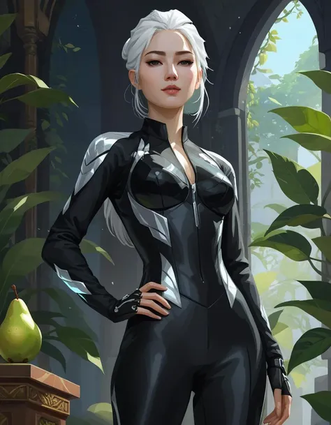 upper body, 1girl, movie still, cinematic shot, highly detailed illustration, Goddess, beatiful detailed face, black nanosuit, transparent clothes, Tall, Fit, white hairs, curvy pear figure, <lora:valorant_art_style:0.6> , valorant art style, award winning illustration