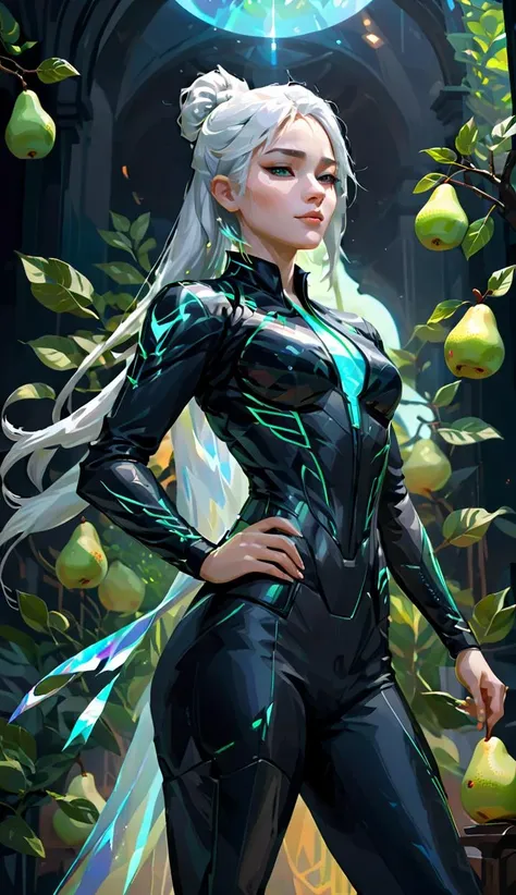 upper body, 1girl, movie still, cinematic shot, highly detailed illustration, Goddess, holographic bright black suit, transparent clothes, Tall, Fit, white hairs, curvy pear figure, <lora:valorant_art_style:0.8> , valorant art style, award winning illustration