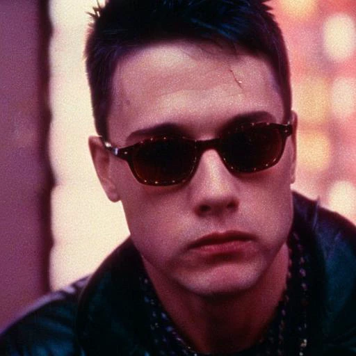 35mmstyle:2, punk guy playing bass, depth of field, 90's found footage, vhs scanlines, detailed skin, skin pores, city lights, rainy:0.4, soft lighting, through window:0.6,