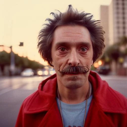 (35mmstyle:1) ((portrait photo) artstyle portrait photo film still of a man as starring as a homeless comedian in Los Angeles, depth of field, Cinematic film still, 35mm