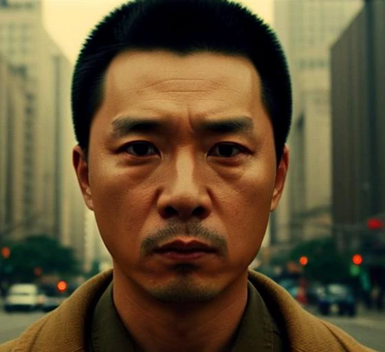 (35mmstyle:1) artstyle headshot portrait photo cinematic film still of a chinese man starring as a Hitman in a Thriller , depth of field, nighttime, natural light