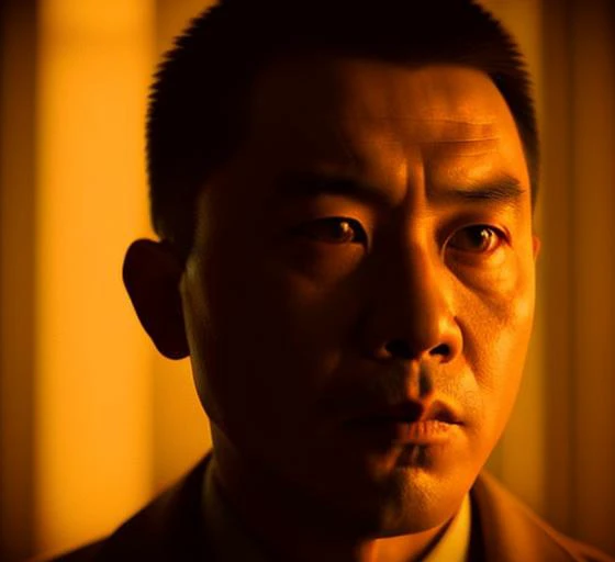 (35mmstyle:1) artstyle headshot portrait photo cinematic film still of a chinese man starring as a Hitman in a Thriller , depth of field, nighttime, natural light