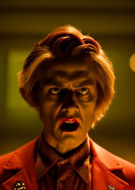 (35mmstyle:1) artstyle close up portrait 35mm film still of A Angry Vampire with sharp teeth in a Haunted Mansion, Dark, spooky, trippy, nighttime, epic film still, depth of field, epic, 4K