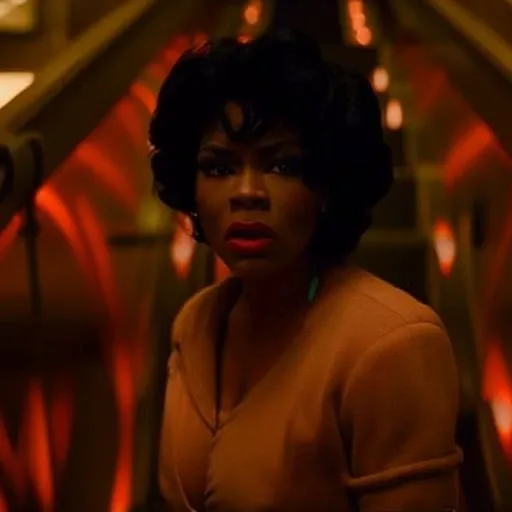 (35mmstyle:1) artstyle 1956 close up portrait photo Cyberpunk Film still from a black woman angry extremely in a horro film, A futuristic staircase is behind her in the background out of focus, depth of field