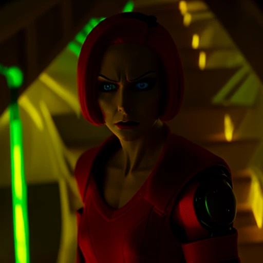 (35mmstyle:1) artstyle 1956 close up portrait photo Cyberpunk Film still of a humanoid robot angry extremely in a horror film, A futuristic staircase is behind her in the background out of focus, depth of field