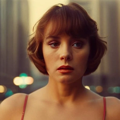 (35mmstyle:1) ((portrait photo) artstyle close portrait photo film still of A close-up portrait of a confident woman, with a fierce expression and piercing gaze, standing against a backdrop of a bustling cityscape with towering skyscrapers and bright lights, depth of field, Cinematic film still, 35mm