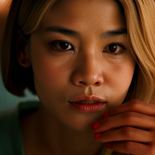 (35mmstyle:1) a close up film still portrait of a asian woman with her hand next to her face, Cool, depth of field