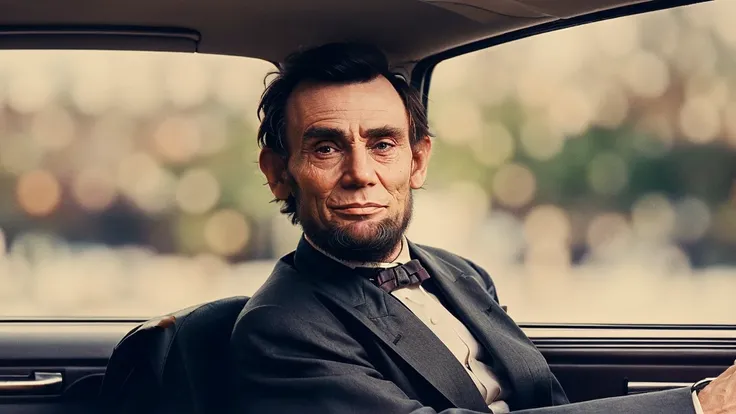 still from dramatic movie scene of abraham lincoln, driving a lincoln car, tearfully smiling, (colorized), film grain, 8k ultra hd, widescreen, cinematic, hdr, dramatic lighting, blockbuster hit, one person, close up shot